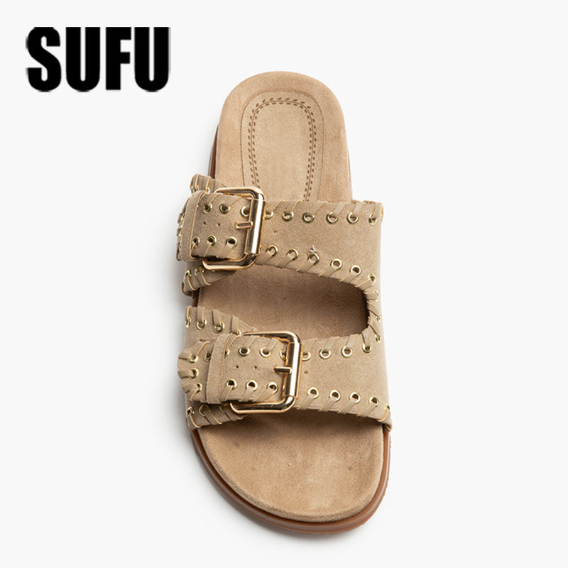 SUFU New Summer Classic Adjustable Soft Slides Slippers for Women Flat EVA Slippers Lightweight Anti Slip Beige Sandals