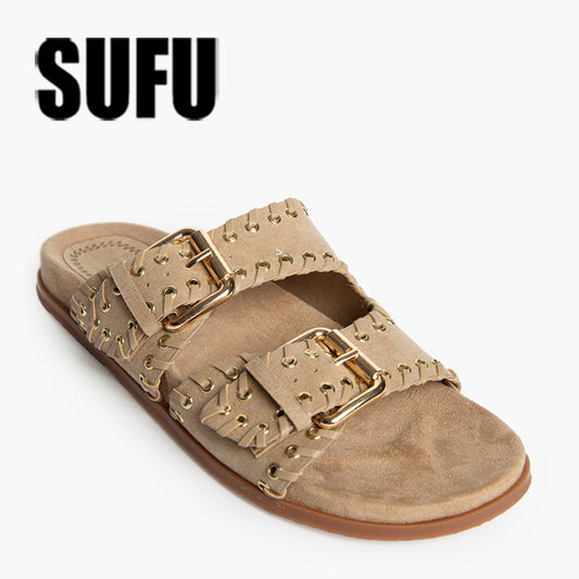 SUFU New Summer Classic Adjustable Soft Slides Slippers for Women Flat EVA Slippers Lightweight Anti Slip Beige Sandals