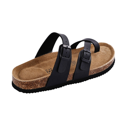 SUFU Summer Cork Sandals Women's Leather Clogs Slippers Black Classic Buckle Cork Slides Slippers Casual Slippers